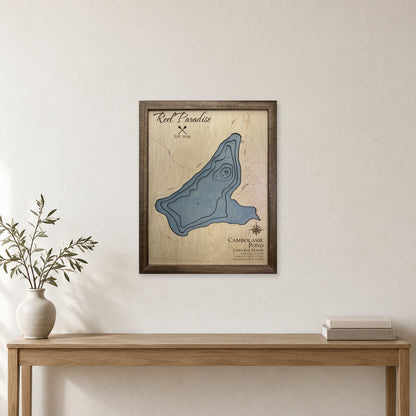 Cambolasse Pond, Lincoln, Maine Wood Map — room mockup [MC20261006 q3251 917289d6f74e]