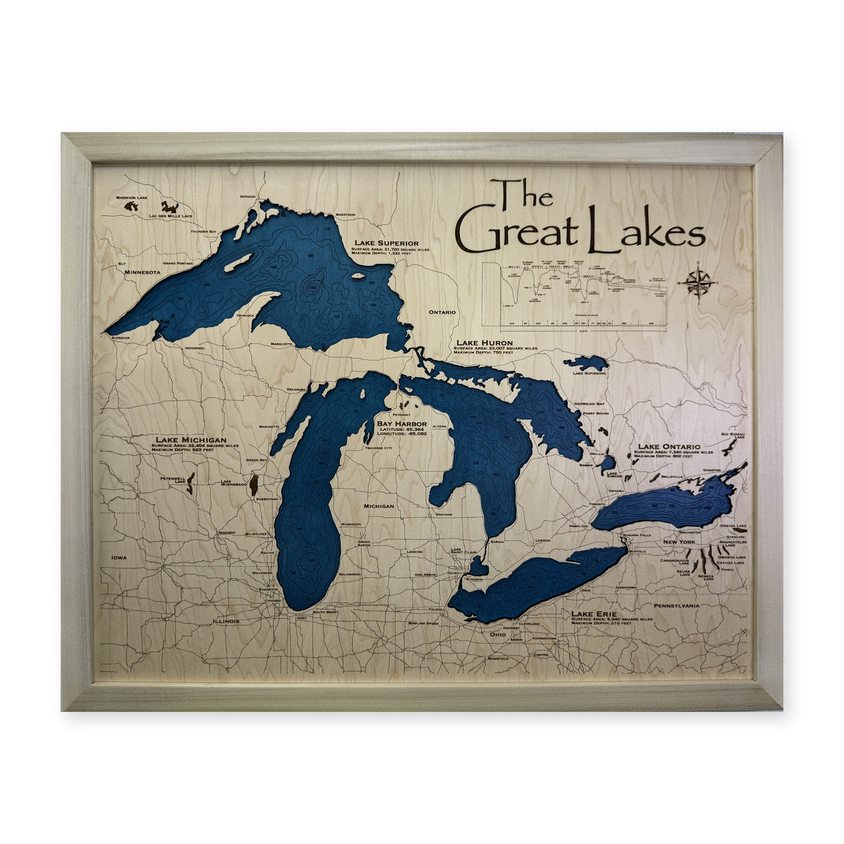 Great Lakes Bay Harbor Natural Frame Multilayer Wood Map — Multilayer water main photo [MC20261006 q3278 9cec5e288836]