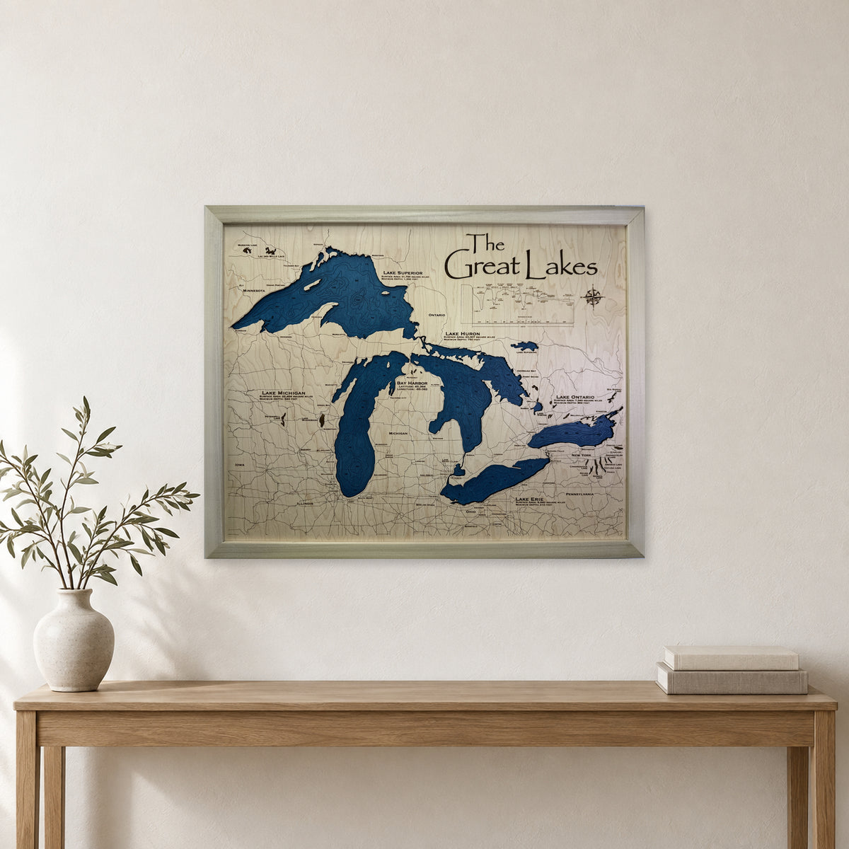 Great Lakes Bay Harbor Natural Frame Multilayer Wood Map — room mockup [MC20261006 q3278 f6cde4213664]