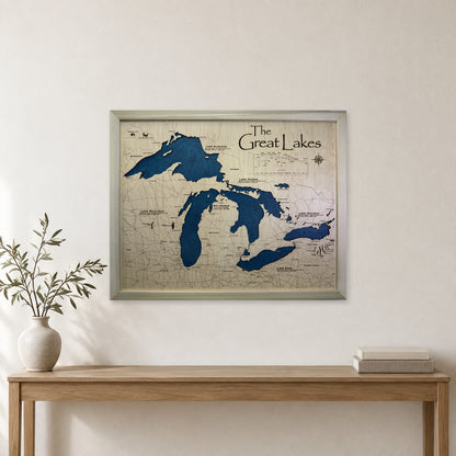 Great Lakes Bay Harbor Natural Frame Multilayer Wood Map — room mockup [MC20261006 q3278 f6cde4213664]