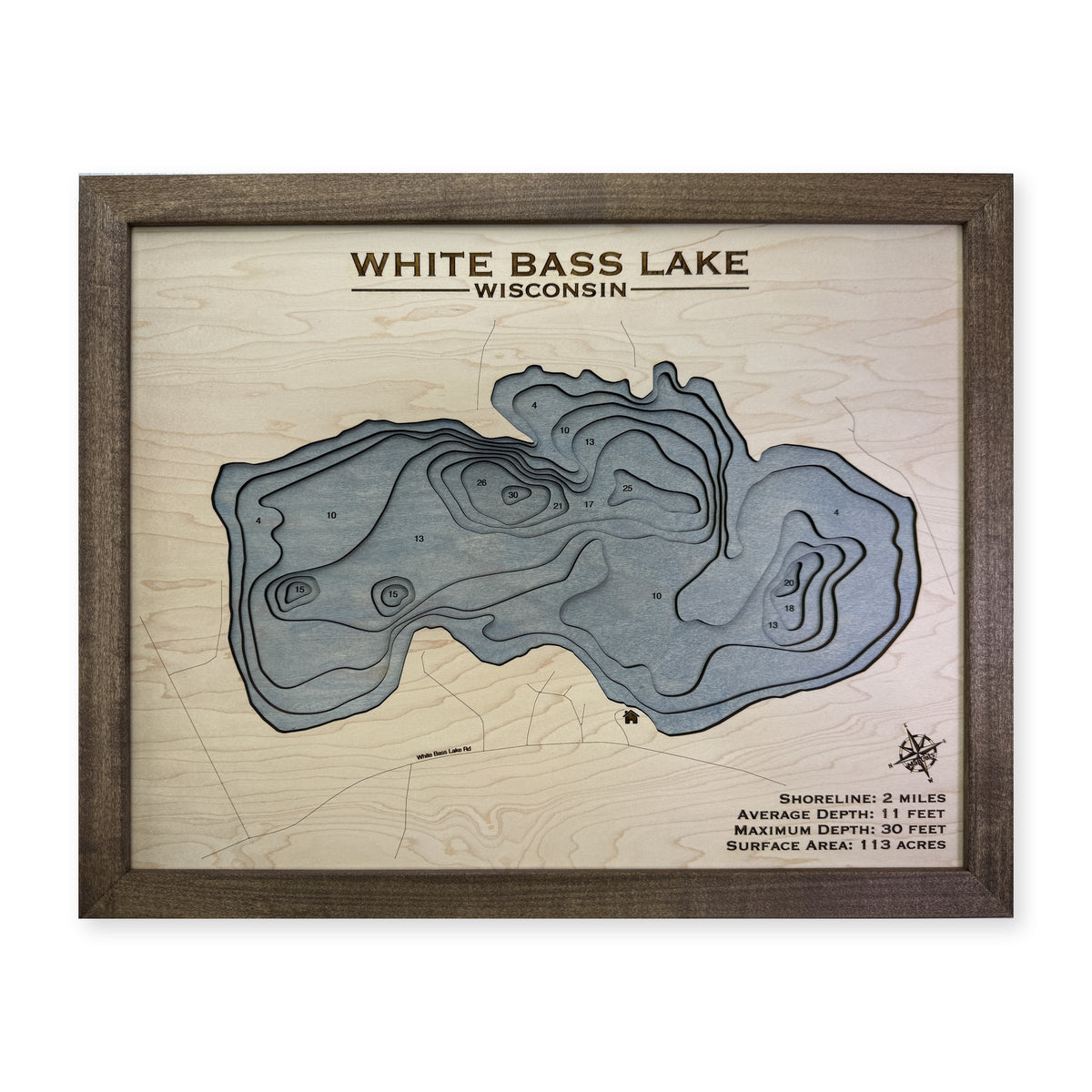 White Bass Lake, Wisconsin Wood Map — plain-background photo [MC20261006 q3289 bcf148a530f5]