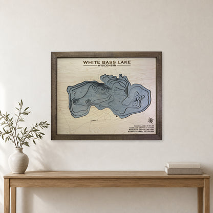 White Bass Lake, Wisconsin Wood Map — room mockup [MC20261006 q3289 4ef99b84004e]