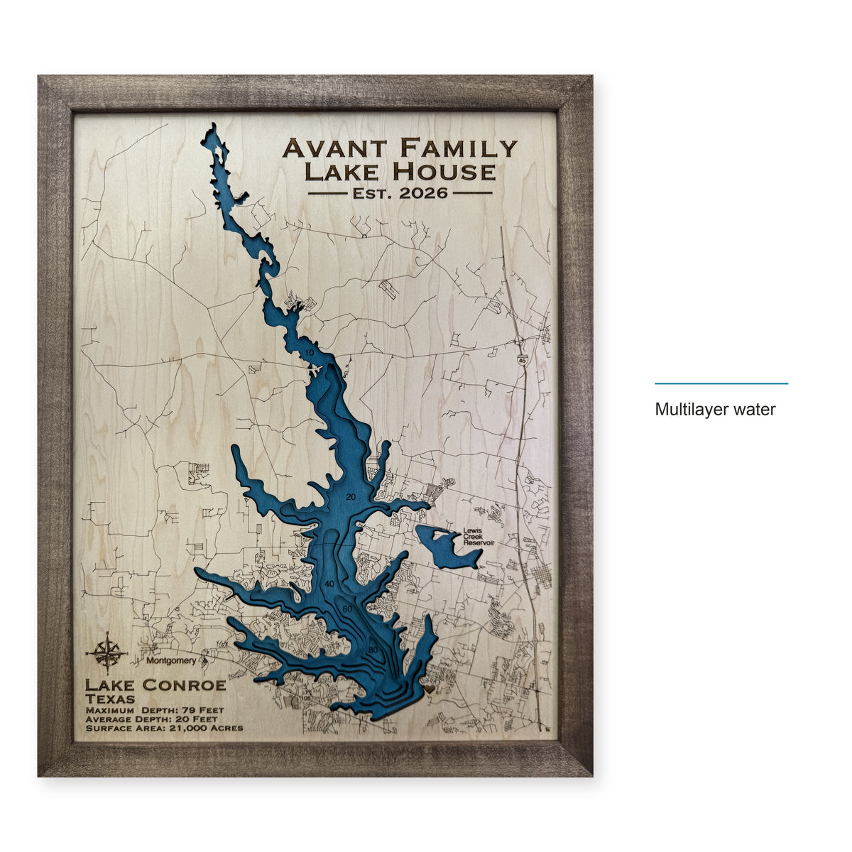 Lake Conroe Avant Family Multilayer Wood Map — style-labeled photo [MC20261006 q3291 2655dc446076]