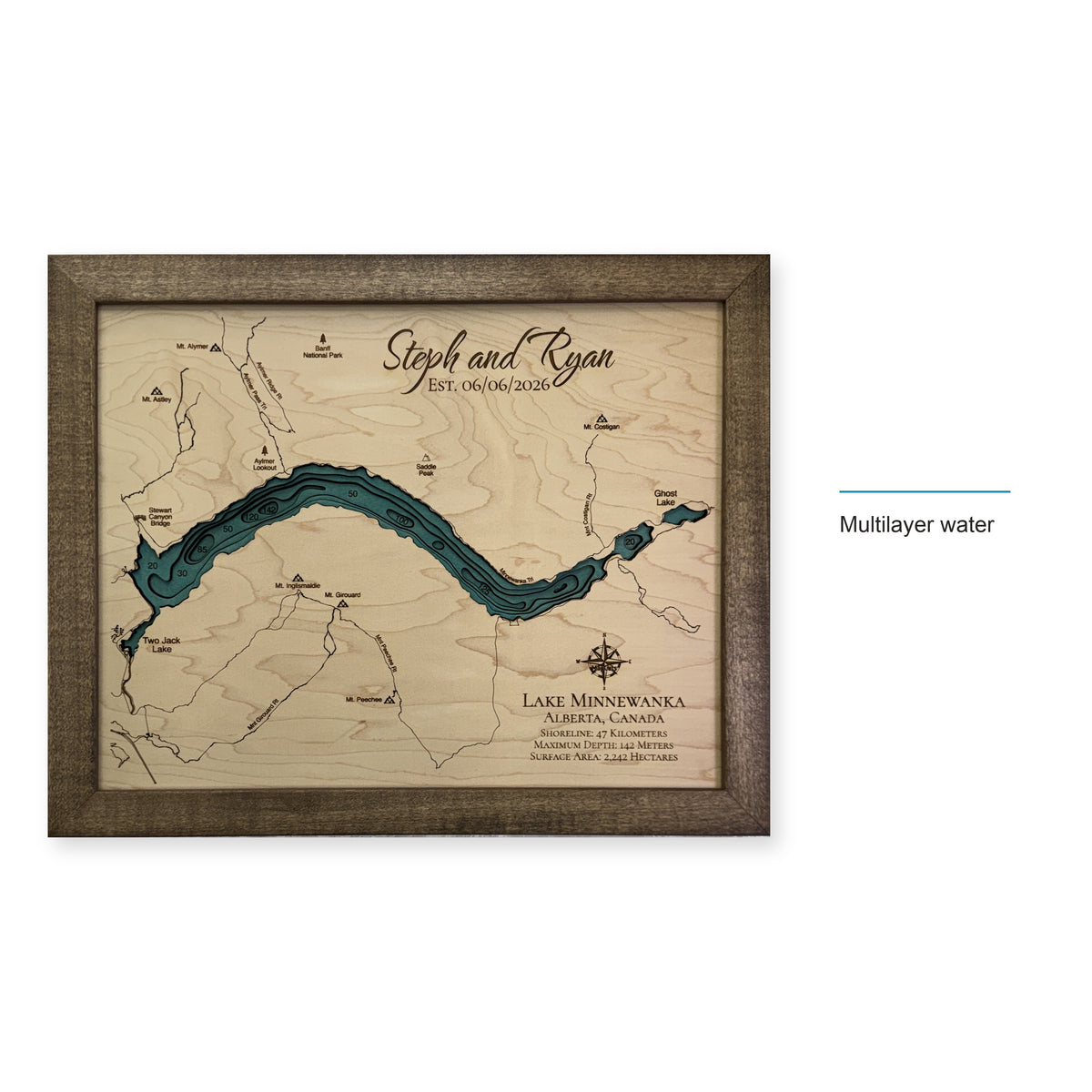 Lake Minnewanka, Alberta Wood Map — style-labeled photo [MC20261006 q3298 aa2fb1e04804]