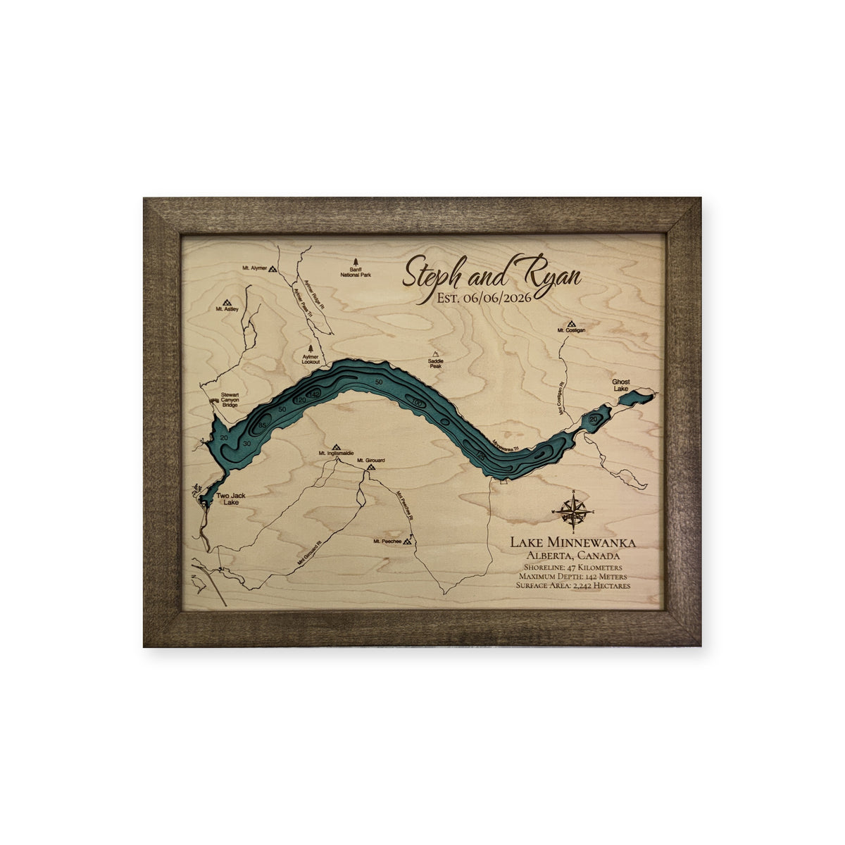 Lake Minnewanka, Alberta Wood Map — plain-background photo [MC20261006 q3298 782cecde6ebc]