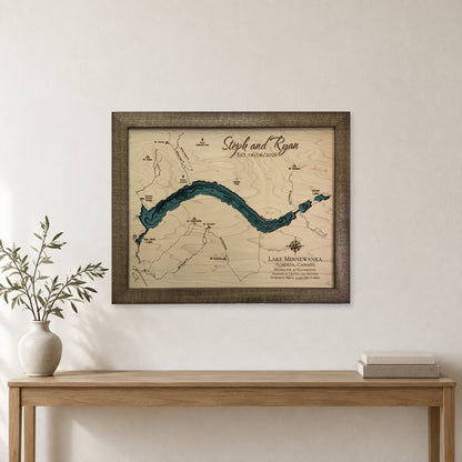 Lake Minnewanka, Alberta Wood Map — room mockup [MC20261006 q3298 4fd11ce92cde]