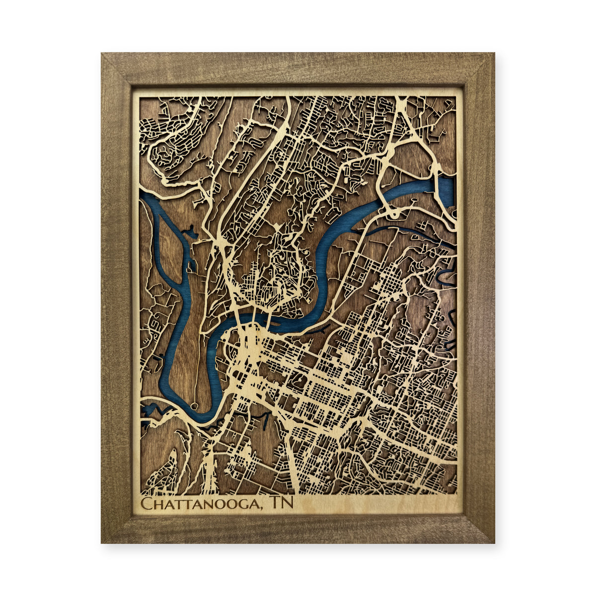 Chattanooga Tennessee Walnut Layered City Wood Map — Multilayer land and streets main photo [MC20261006 q3302 78116eb5cf94]