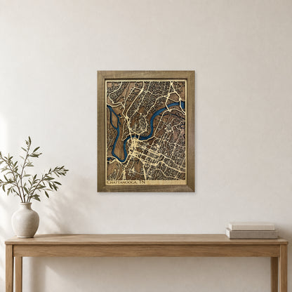 Chattanooga Tennessee Walnut Layered City Wood Map — room mockup [MC20261006 q3302 3a946e64604d]