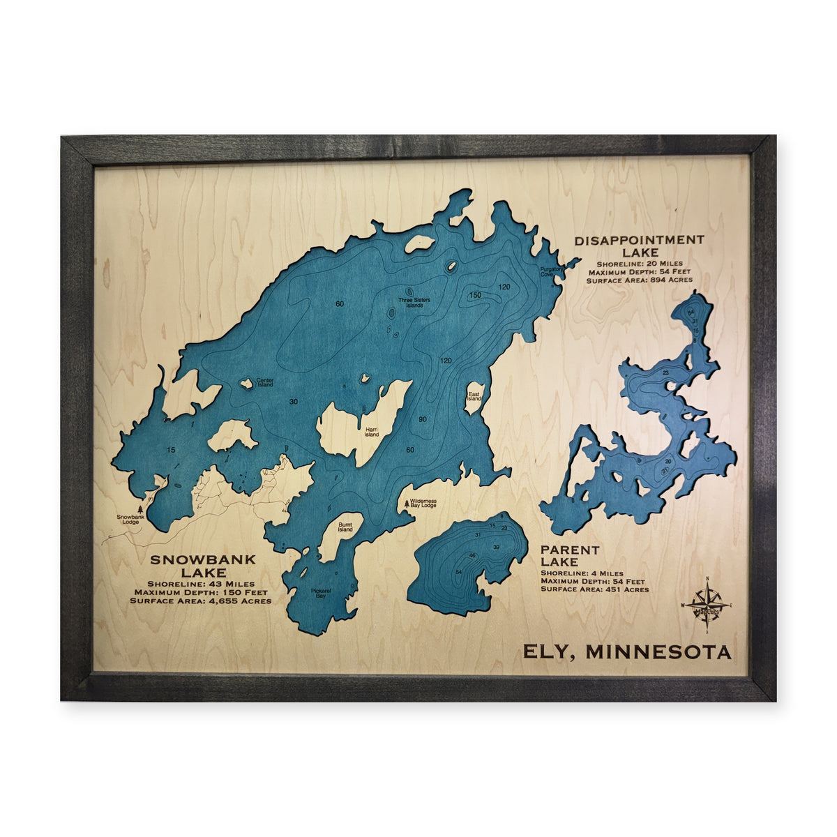 Snowbank, Disappointment and Parent Lakes, Ely, Minnesota Wood Map — plain-background photo [MC20261006 q3304 23f0d7cae089]