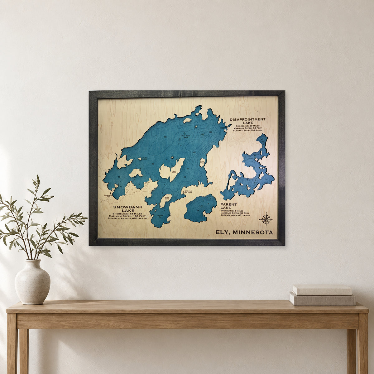 Snowbank, Disappointment and Parent Lakes, Ely, Minnesota Wood Map — room mockup [MC20261006 q3304 2c55d7019d2d]