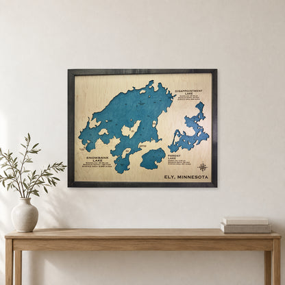 Snowbank, Disappointment and Parent Lakes, Ely, Minnesota Wood Map — room mockup [MC20261006 q3304 2c55d7019d2d]