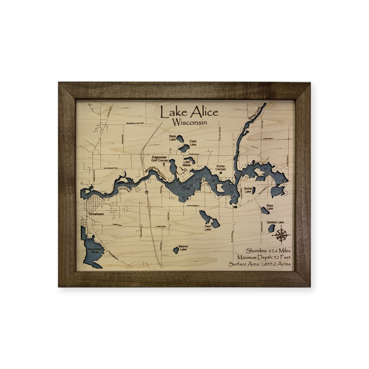 Lake Alice Wisconsin Engraved Contours Wood Map — 1 water layer with engraved contours main photo [MC20261006 q3310 acc51ba09d02]