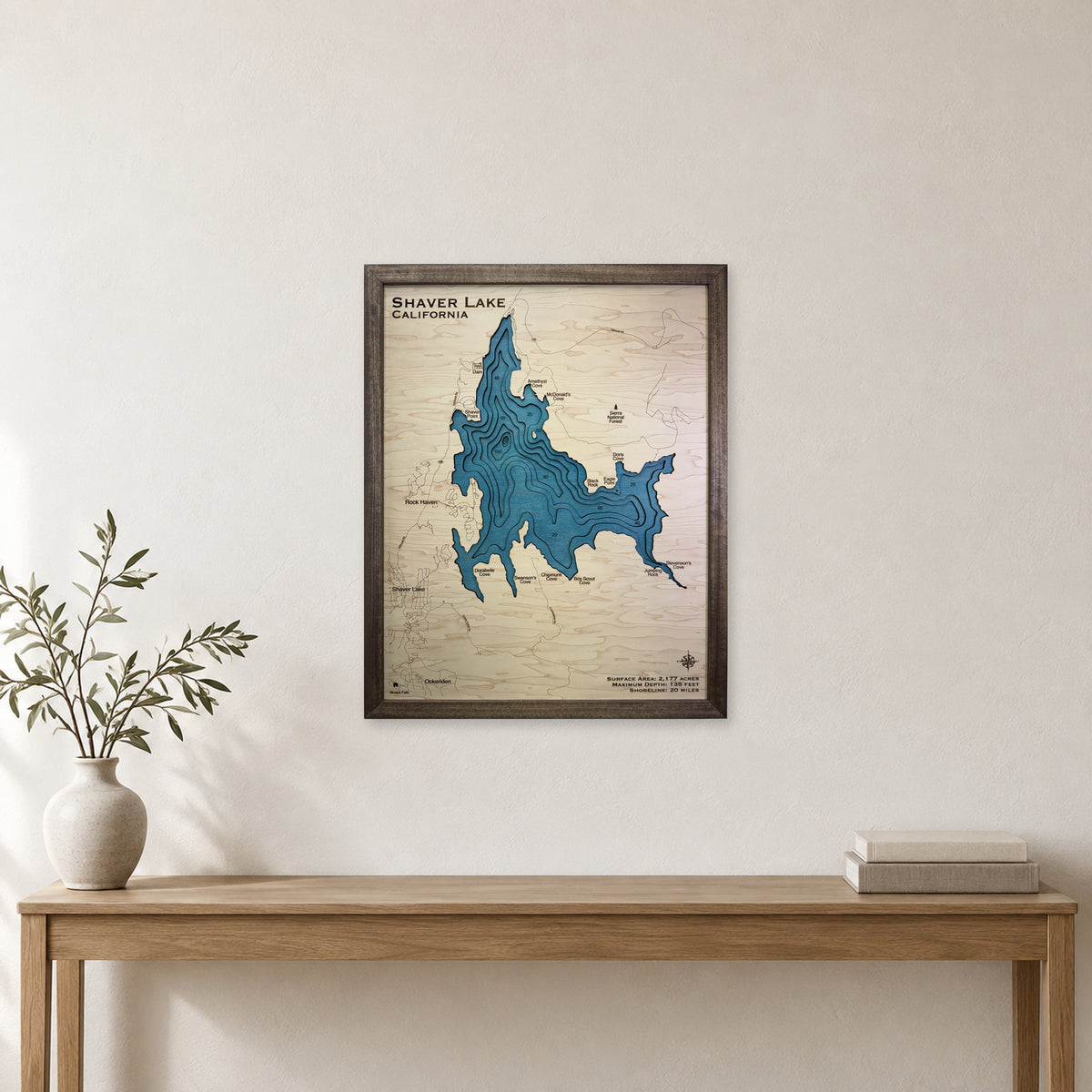Shaver Lake California Multilayer Walnut Frame Wood Map — room mockup [MC20261006 q3324 50b15aaf4b80]