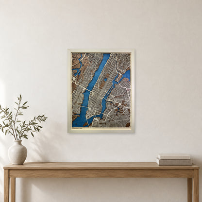 Manhattan New York Natural Frame Layered City Wood Map — room mockup [MC20261006 q3329 dce40579eb7d]