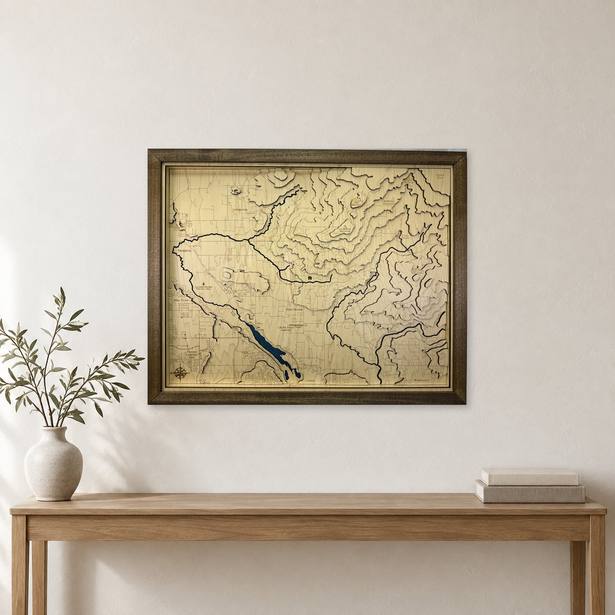 Camas and Washougal, Washington Topographic Wood Map — room mockup [MC20261006 q3452 44898df2c12d]