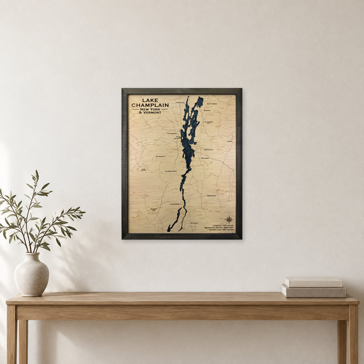 Lake Champlain New York Vermont Quinn Multilayer Wood Map — room mockup [MC20261006 q3456 2274bfaaef46]