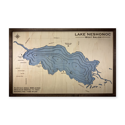 Lake Neshonoc, West Salem, Wisconsin Wood Map — plain-background photo [MC20261006 q3462 0da39a165667]