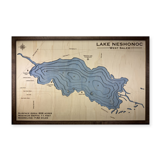 Lake Neshonoc, West Salem, Wisconsin Wood Map — plain-background photo [MC20261006 q3462 0da39a165667]