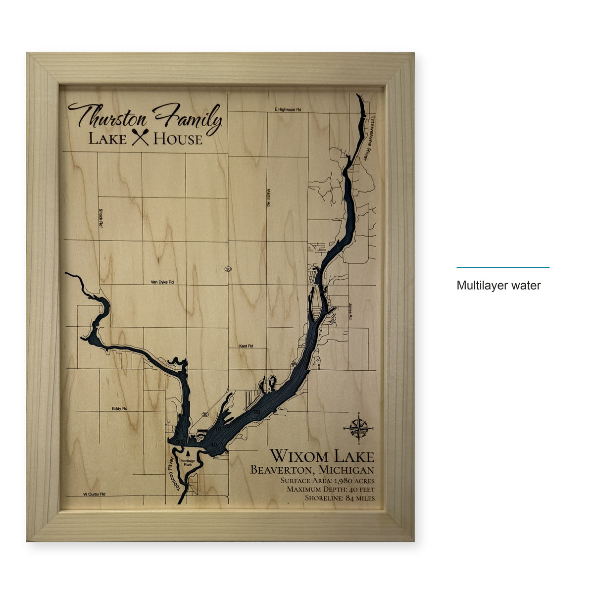 Wixom Lake, Beaverton, Michigan Wood Map — style-labeled photo [MC20261006 q3468 5542556680fc]