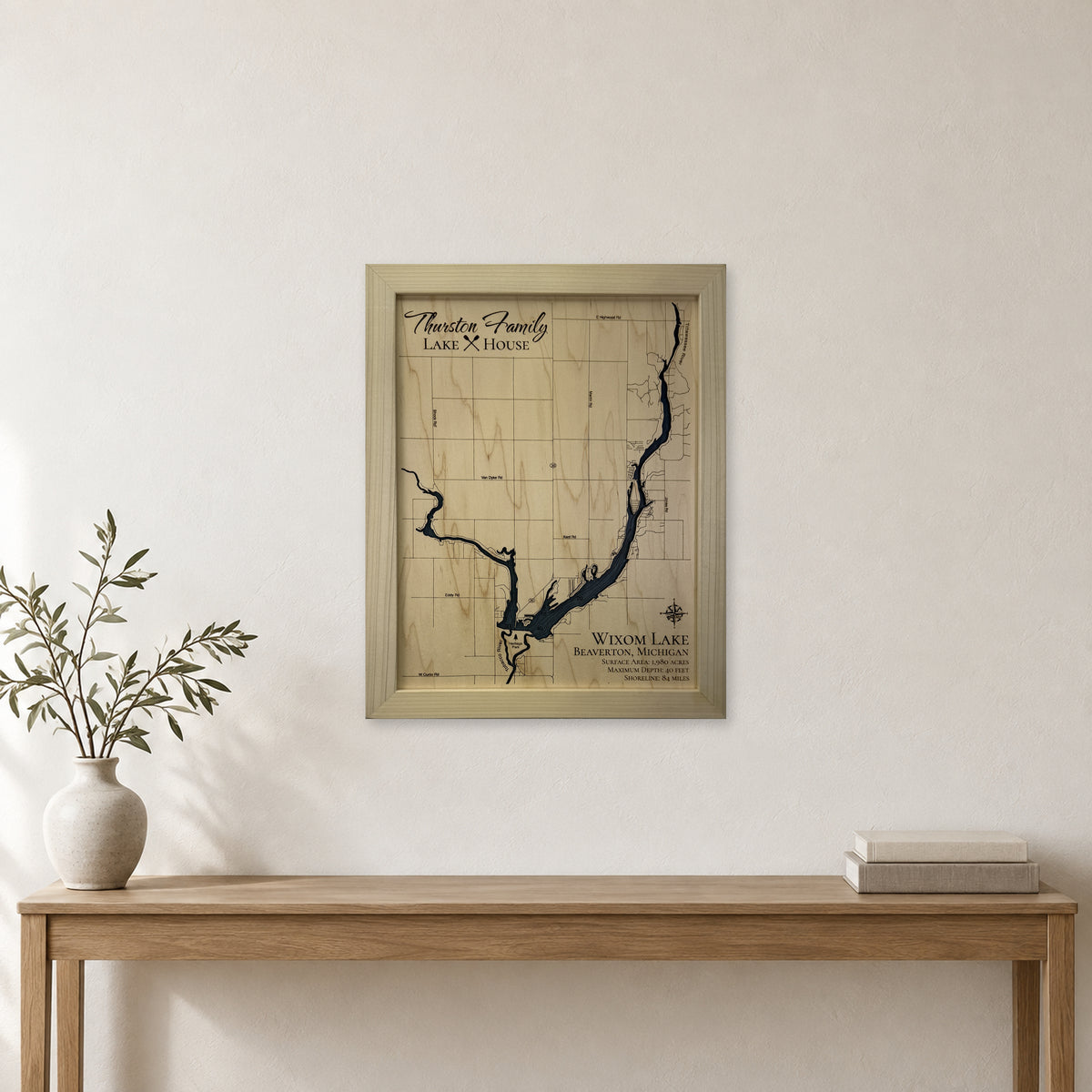 Wixom Lake, Beaverton, Michigan Wood Map — room mockup [MC20261006 q3468 2cbee83ecbd7]