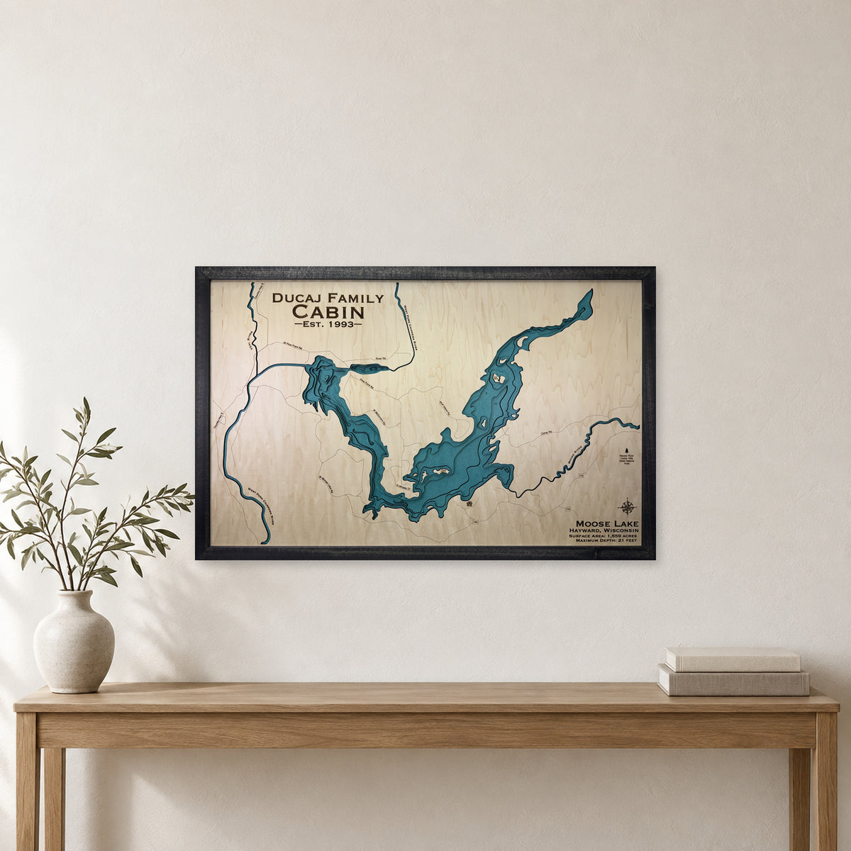 Moose Lake, Hayward, Wisconsin Wood Map — room mockup [MC20261006 q3495 42f5d1662d16]