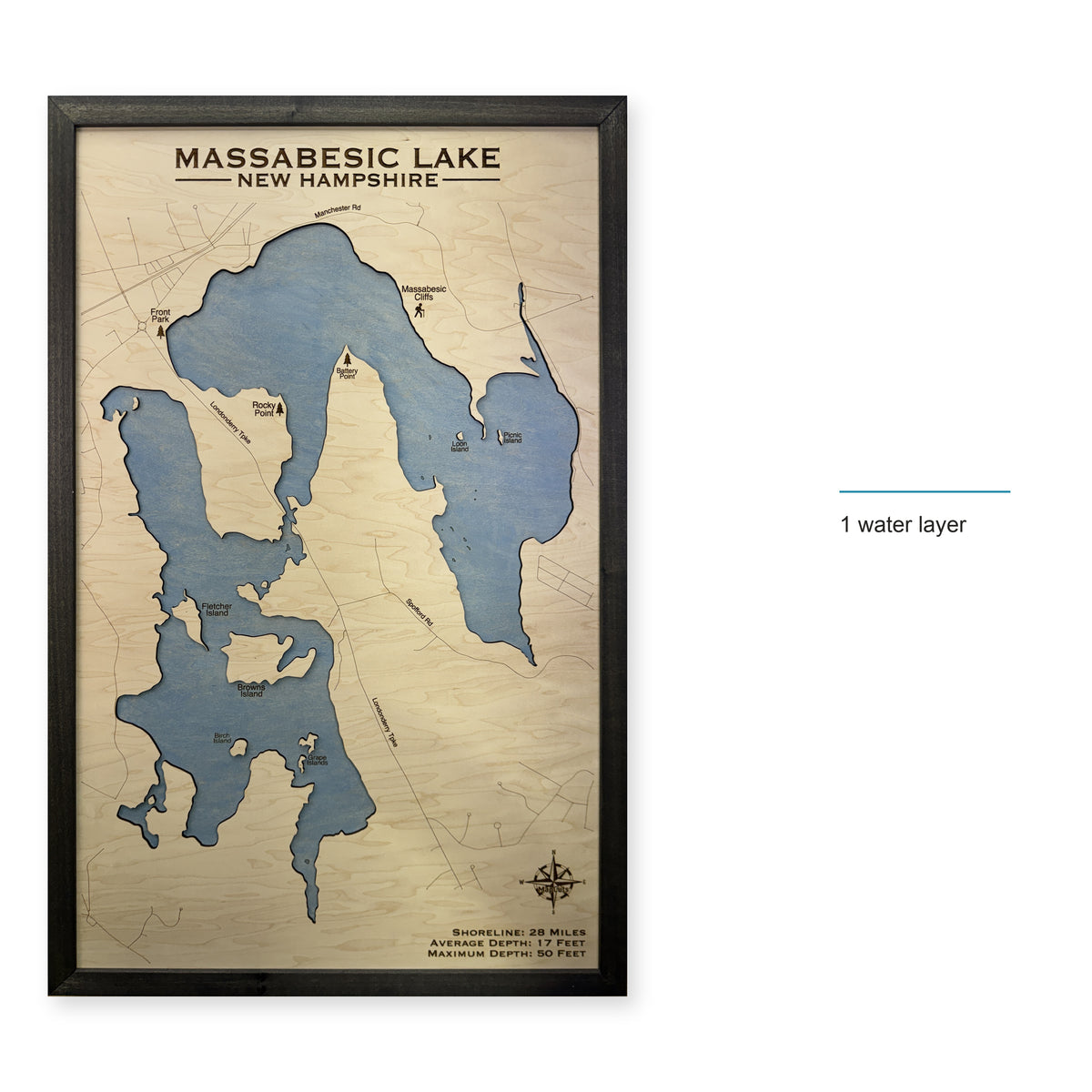 Massabesic Lake, New Hampshire Wood Map — style-labeled photo [MC20261006 q3517 6f7120ebc1f1]