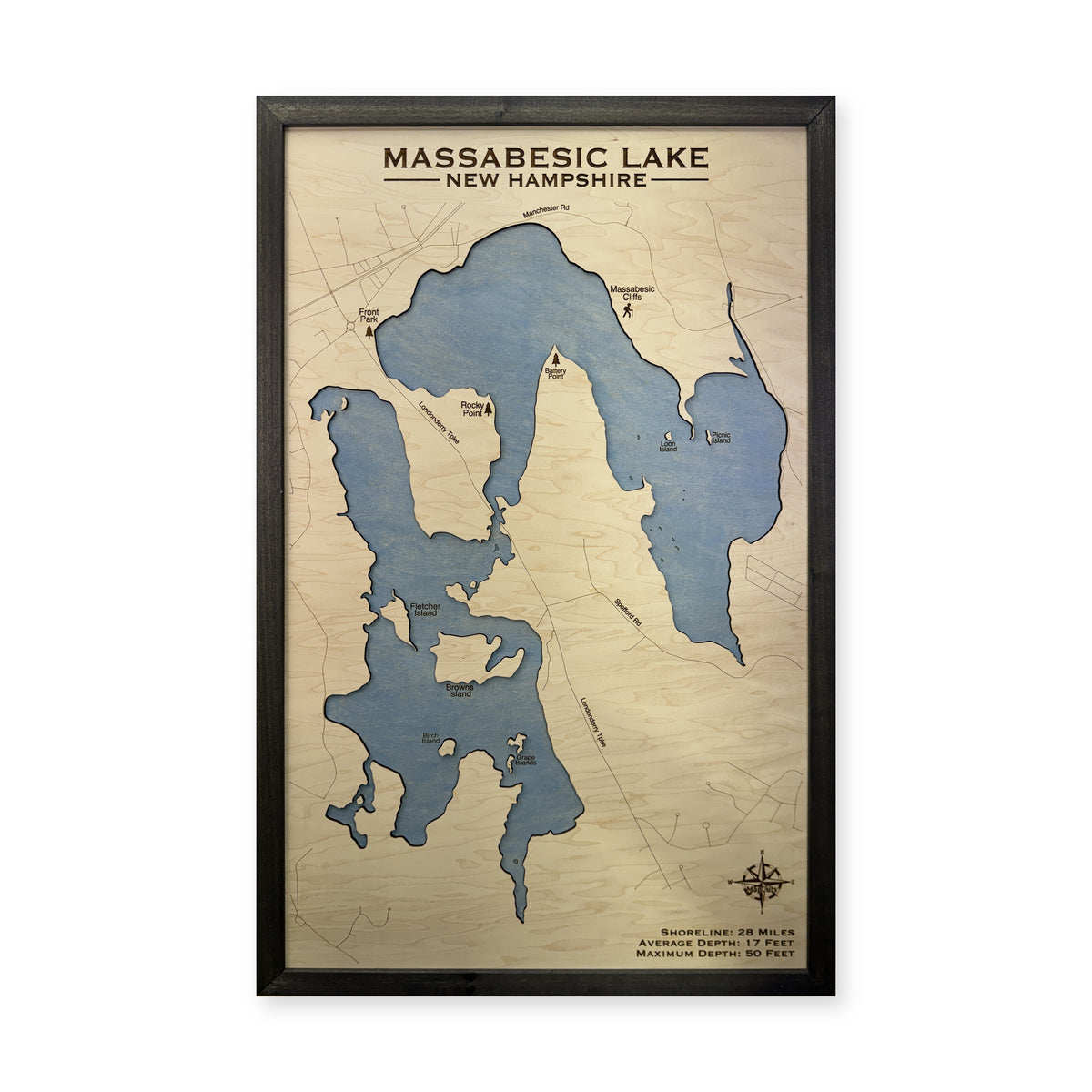 Massabesic Lake, New Hampshire Wood Map — plain-background photo [MC20261006 q3517 f40309a9289c]