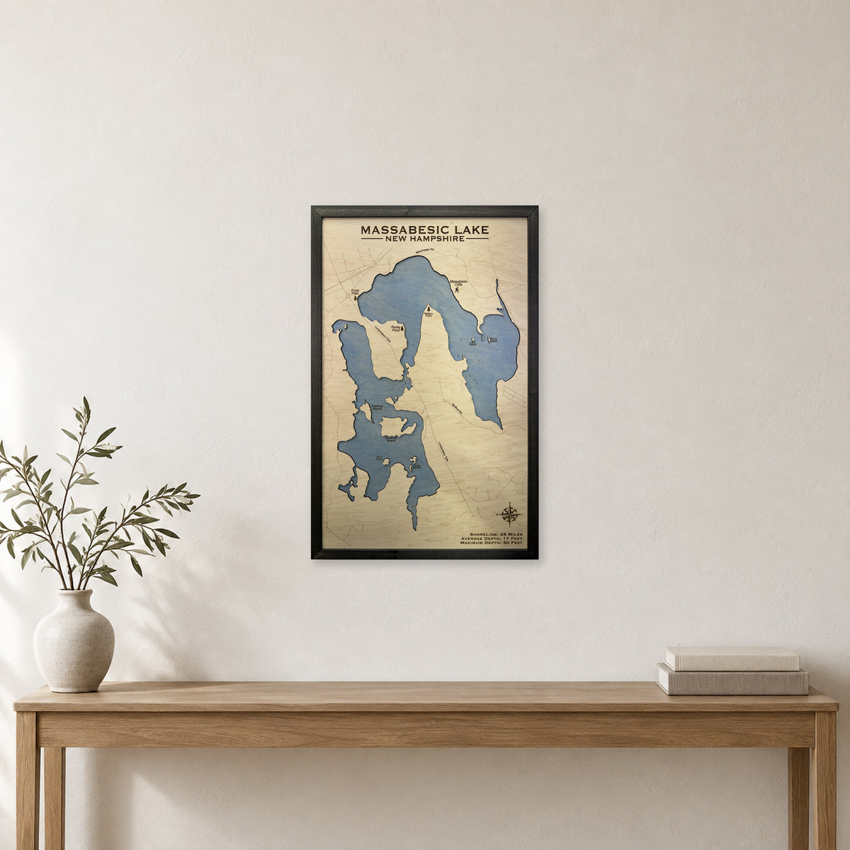 Massabesic Lake, New Hampshire Wood Map — room mockup [MC20261006 q3517 2388753b89cf]