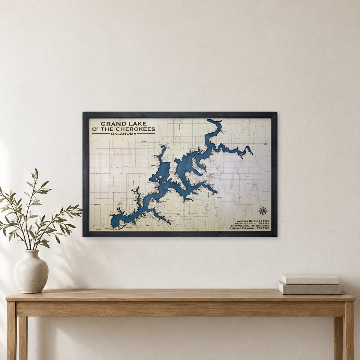 Grand Lake Oklahoma Single Water Layer Wood Map — room mockup [MC20261006 q3519 aee51444f4cd]