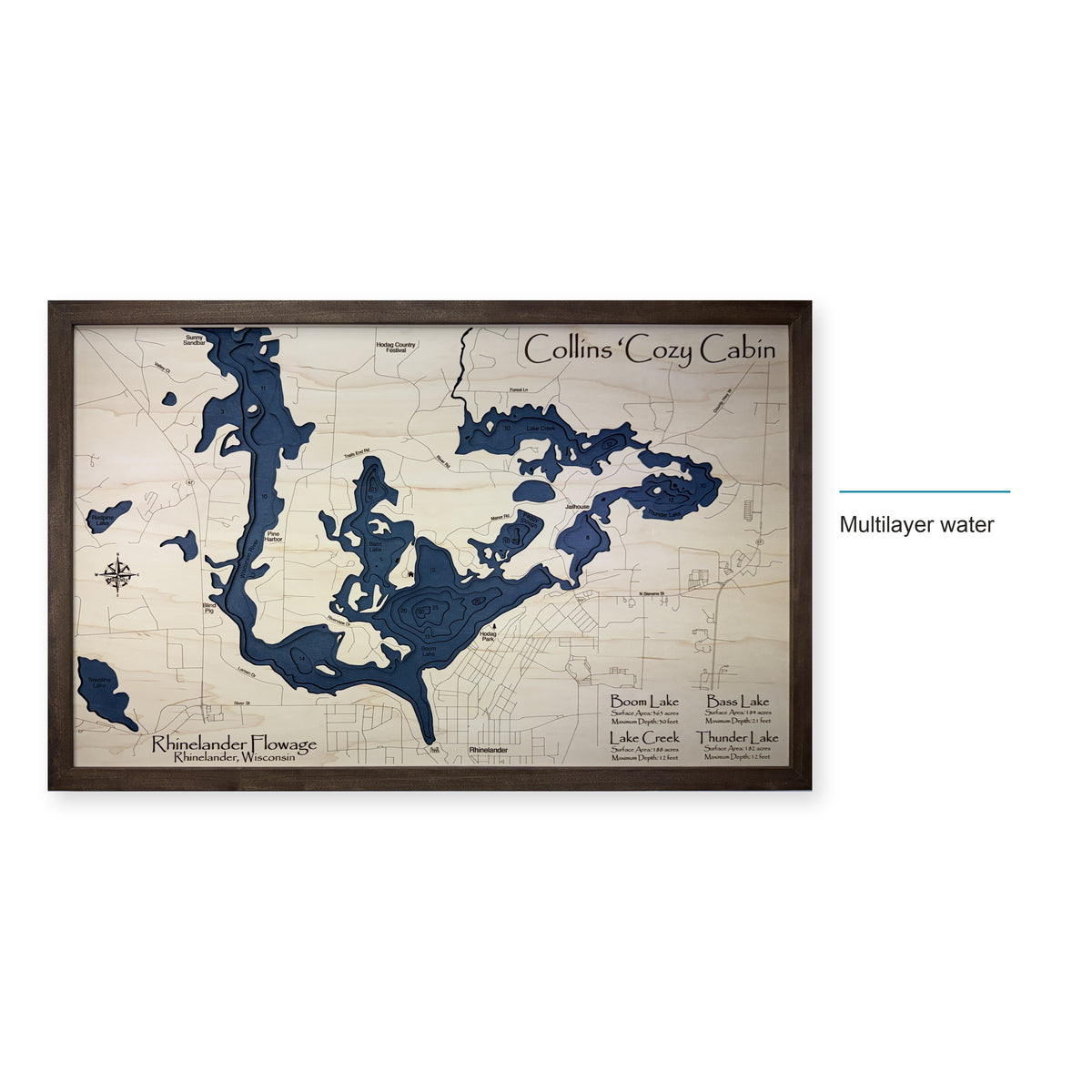 Rhinelander Flowage, Rhinelander, Wisconsin Wood Map — style-labeled photo [MC20261006 q3525 a718bd0c608f]