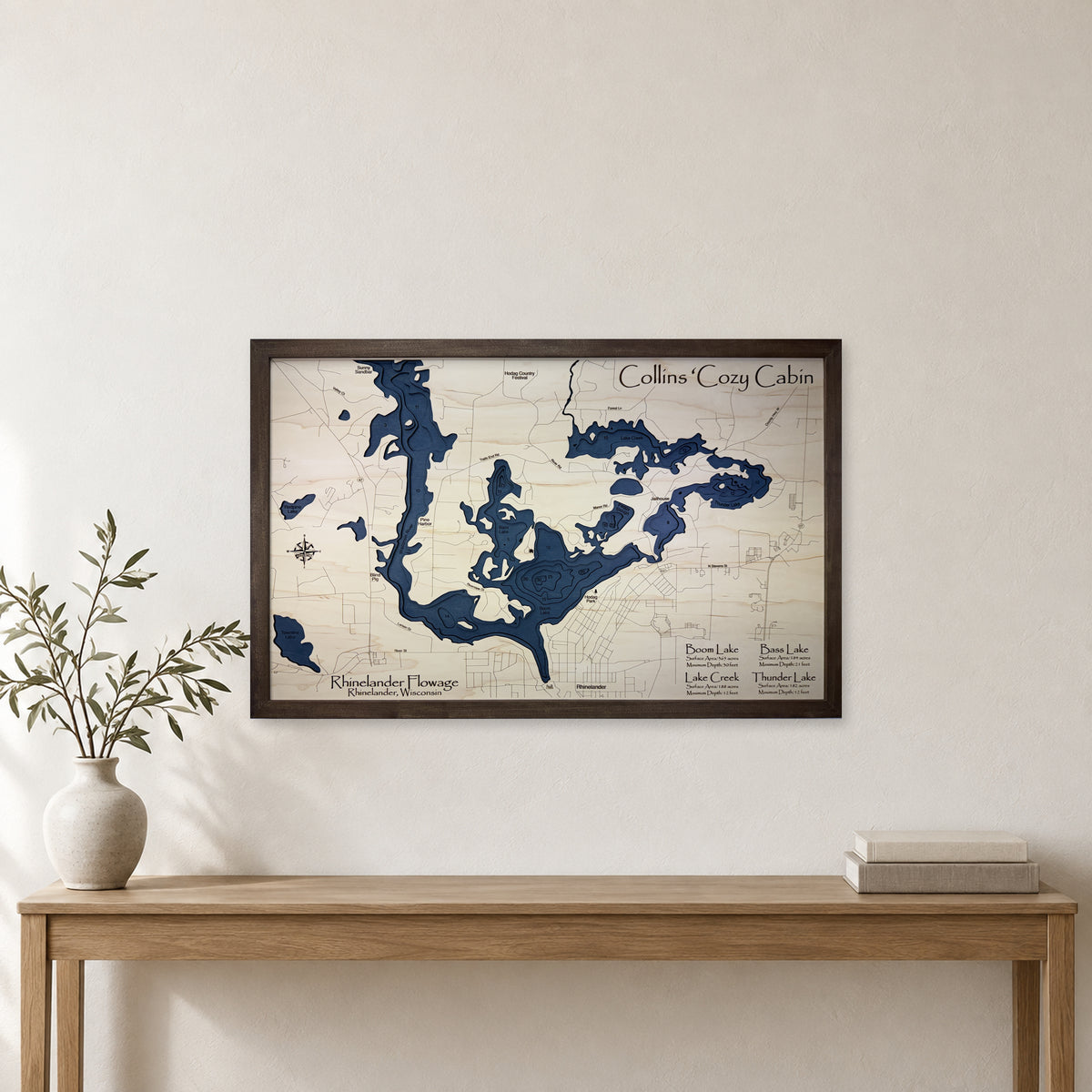 Rhinelander Flowage, Rhinelander, Wisconsin Wood Map — room mockup [MC20261006 q3525 5f62a7f72f87]