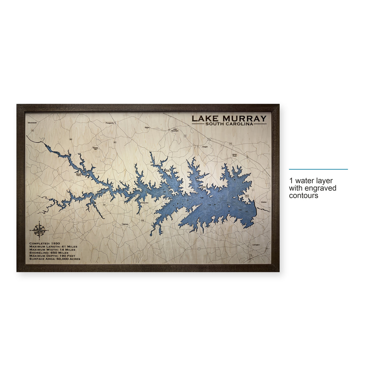 Lake Murray South Carolina Walnut Engraved Wood Map — style-labeled photo [MC20261006 q3527 97a1533d5c14]