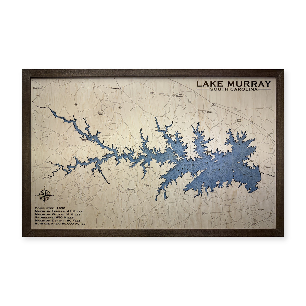 Lake Murray South Carolina Walnut Engraved Wood Map — 1 water layer with engraved contours main photo [MC20261006 q3527 7580b12cad8c]