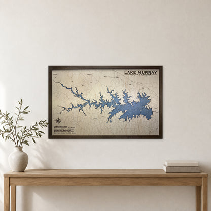 Lake Murray South Carolina Walnut Engraved Wood Map — room mockup [MC20261006 q3527 6eef5ea5547c]