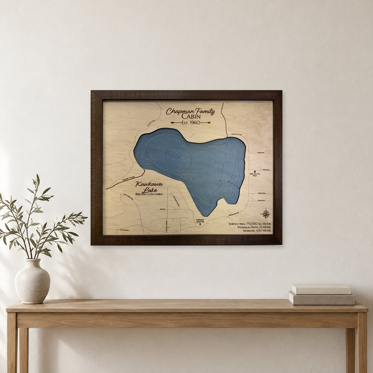 Kawkawa Lake, British Columbia Wood Map — room mockup [MC20261006 q3537 5bb842c929e7]