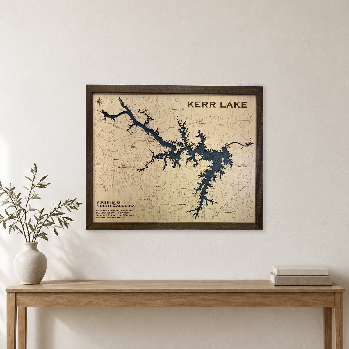 Kerr Lake Virginia North Carolina Engraved Contours Wood Map — room mockup [MC20261006 q3542 f6b3a7751588]