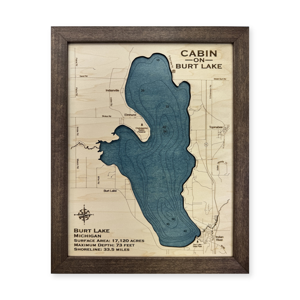 Burt Lake, Michigan Wood Map — plain-background photo [MC20261006 q3548 50cbbb6a45a6]