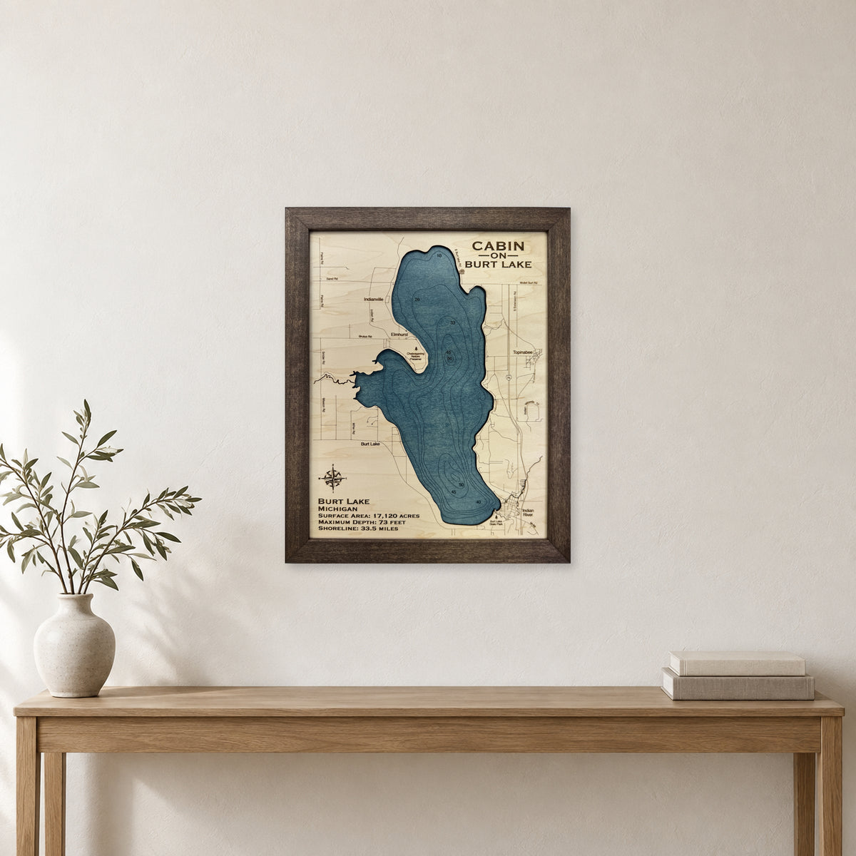Burt Lake, Michigan Wood Map — room mockup [MC20261006 q3548 1d79be15f541]