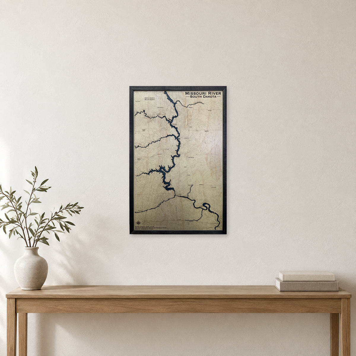 Missouri River, South Dakota Wood Map — room mockup [MC20261006 q3561 43f0da3b6a04]