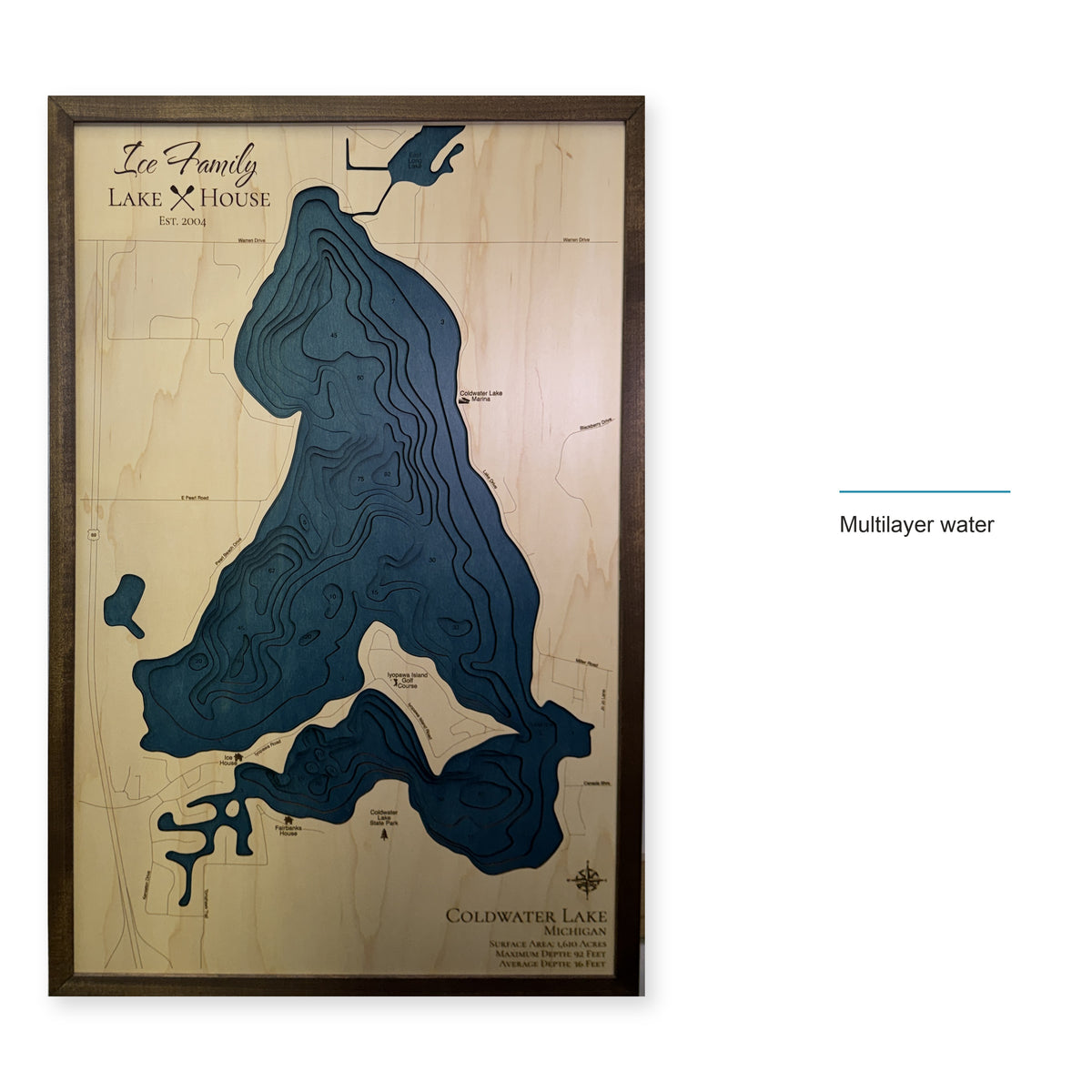 Coldwater Lake, Michigan Wood Map — style-labeled photo [MC20261006 q3607 f53a1ab8a50e]