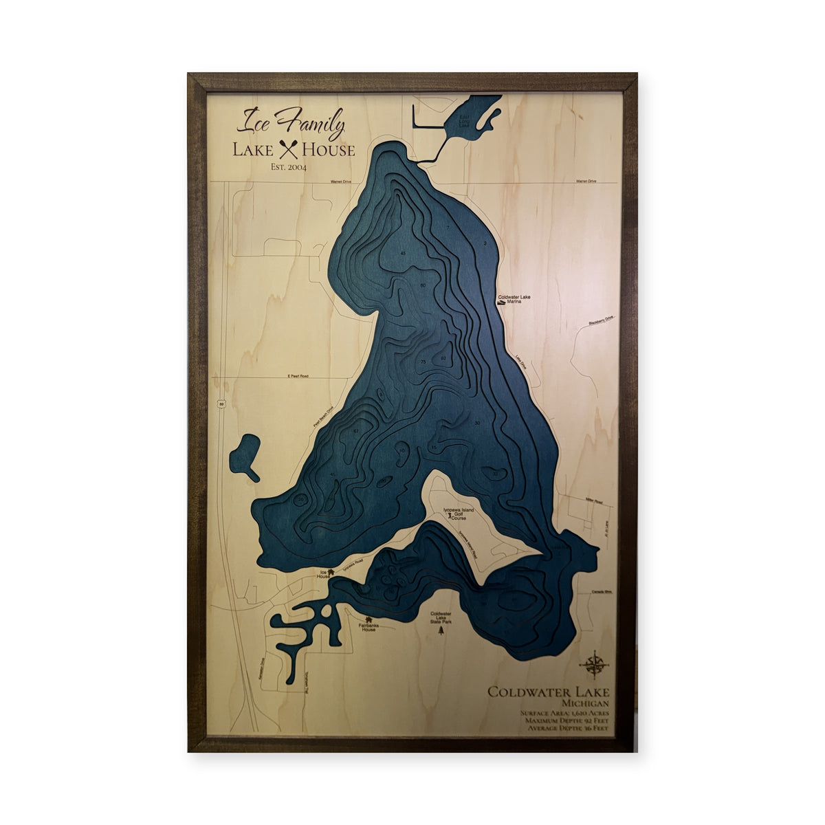 Coldwater Lake, Michigan Wood Map — plain-background photo [MC20261006 q3607 23e749320e1c]