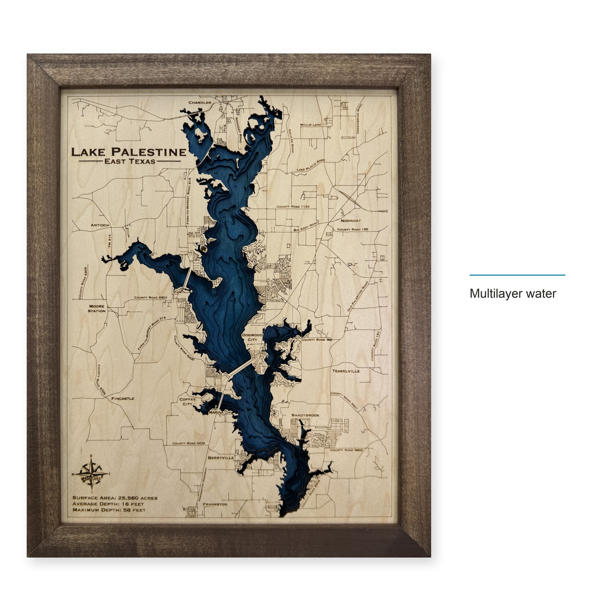 Lake Palestine Texas Multilayer Wood Map — style-labeled photo [MC20261006 q3619 8fbfcec6551f]