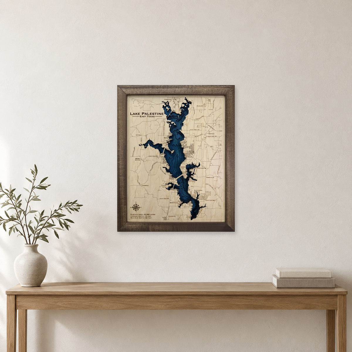 Lake Palestine Texas Multilayer Wood Map — room mockup [MC20261006 q3619 07fbdd835975]