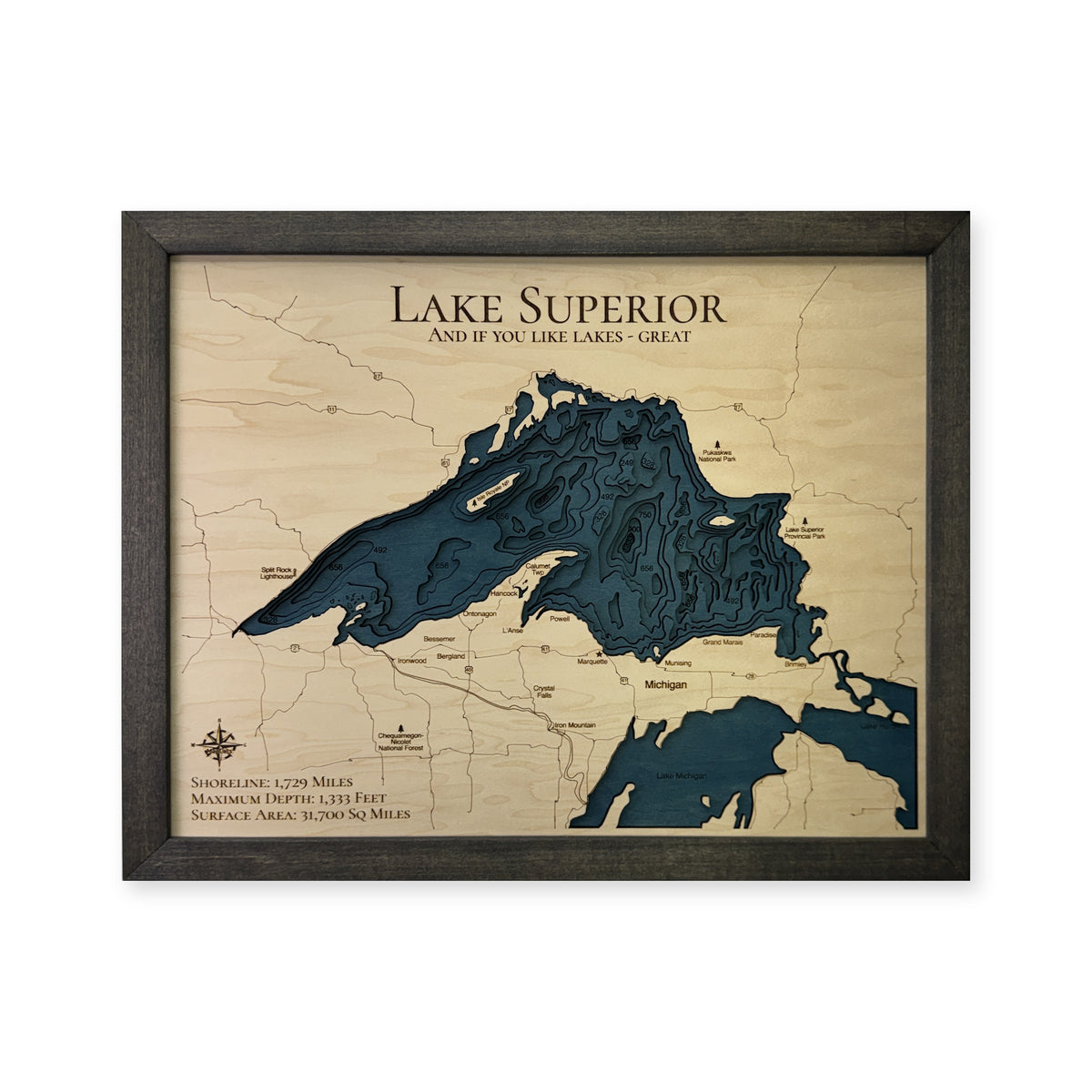 Lake Superior Great Lakes Caption Multilayer Wood Map — Multilayer water main photo [MC20261006 q3646 76885f6245e8]