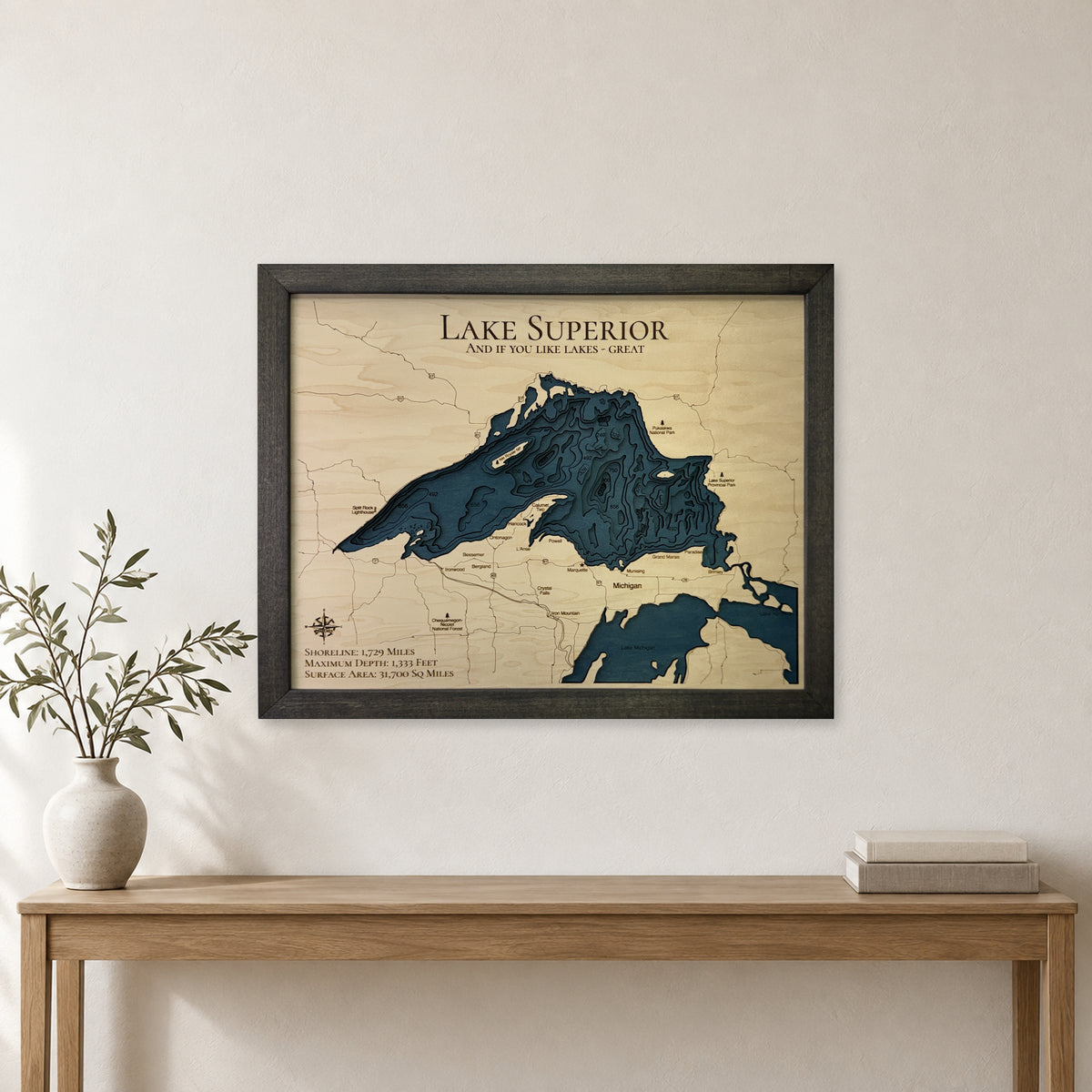 Lake Superior Great Lakes Caption Multilayer Wood Map — room mockup [MC20261006 q3646 a0aa7c8f9398]