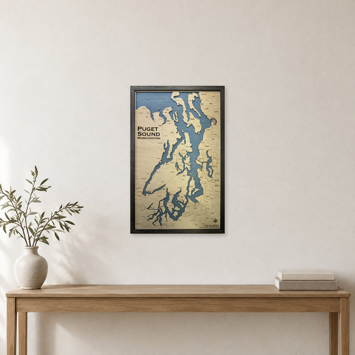 Puget Sound Washington Walnut Tall Wood Map — room mockup [MC20261006 q3654 6a8f1a7abf1f]