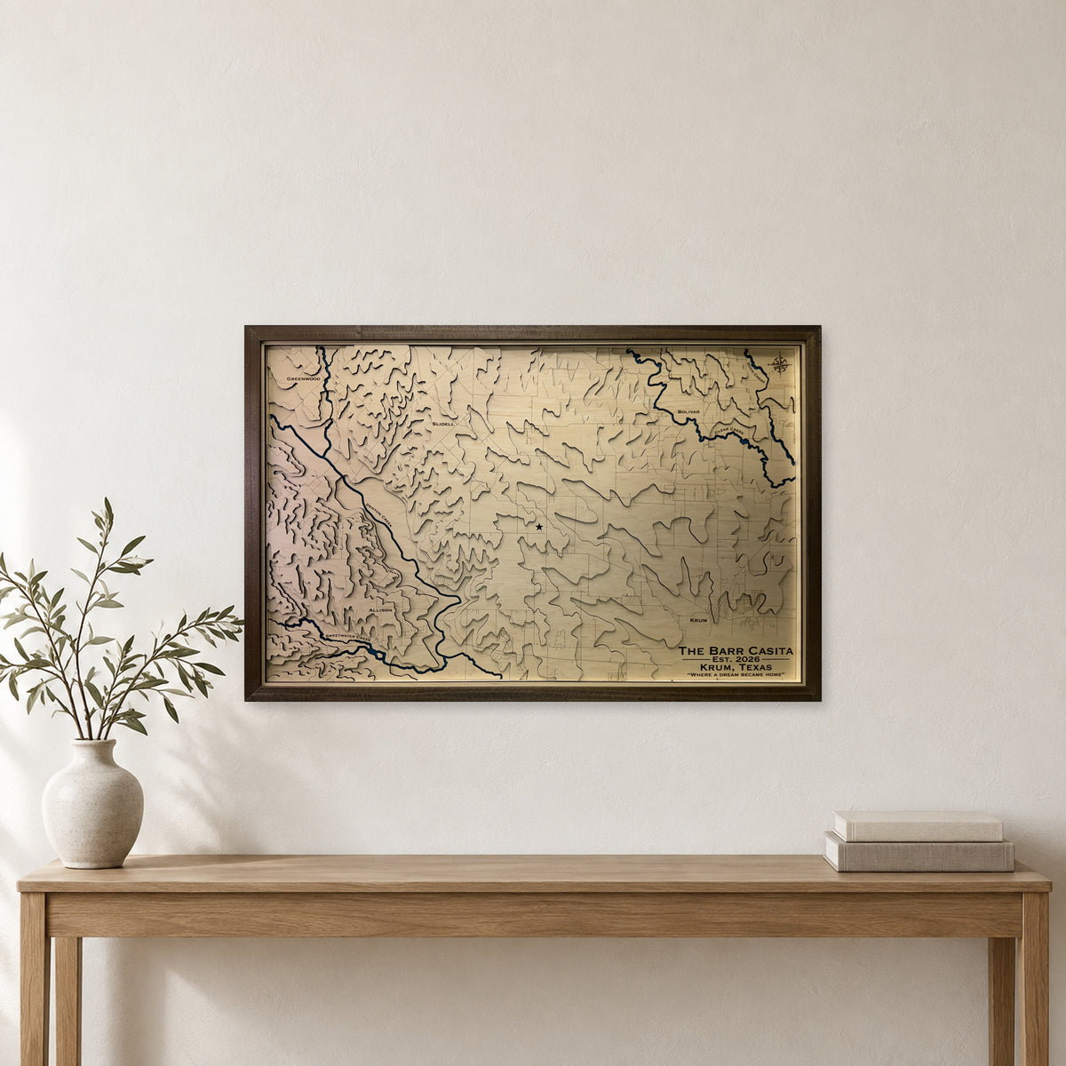 Krum, Texas Topographic Wood Map — room mockup [MC20261006 q3667 1c544765b1eb]