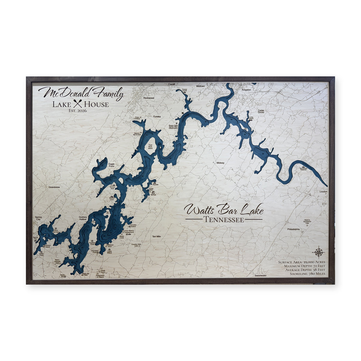 Watts Bar Lake McDonald Family Wood Map — 1 water layer with engraved contours main photo [MC20261006 q3690 a3b2881421f5]