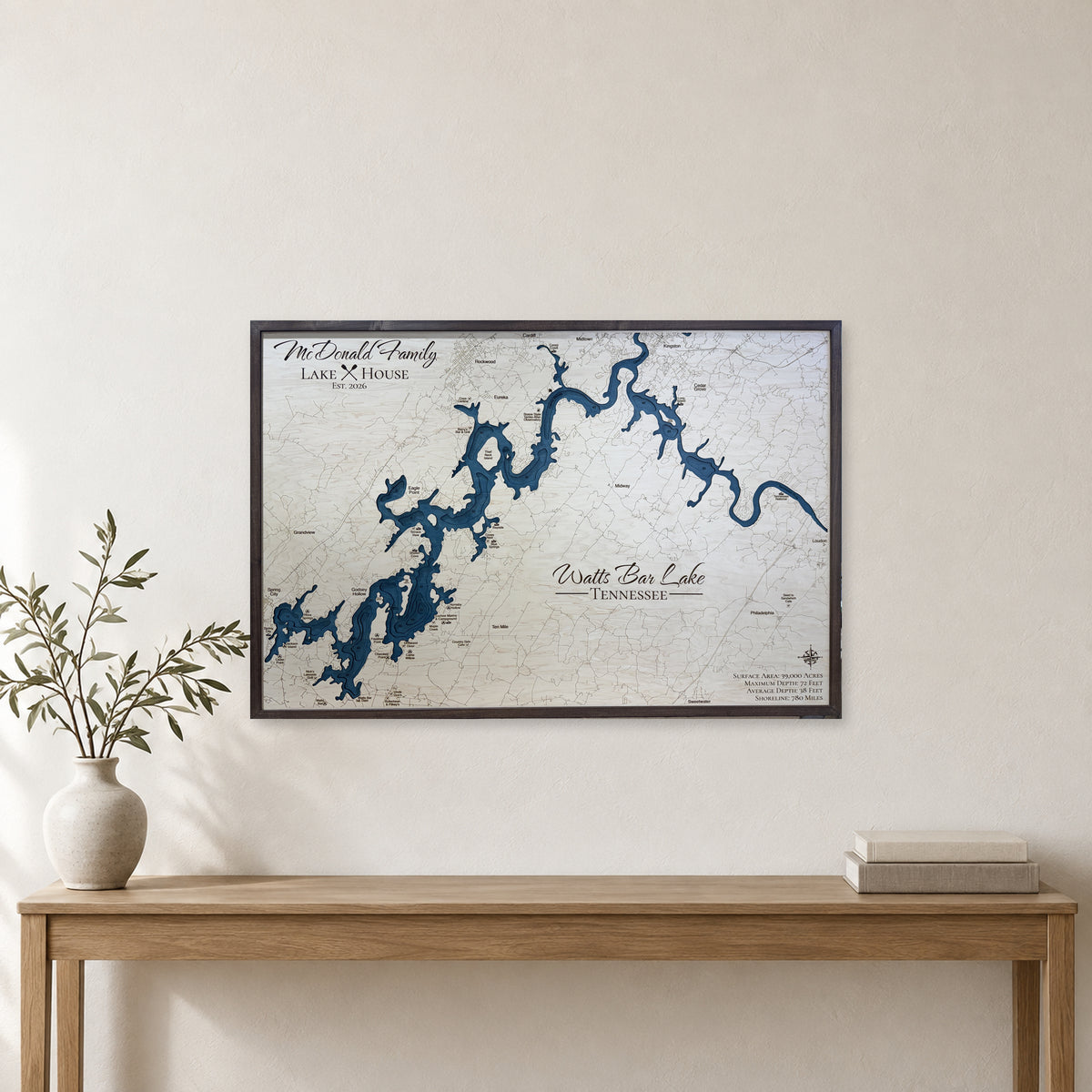 Watts Bar Lake McDonald Family Wood Map — room mockup [MC20261006 q3690 78149c88e1f1]