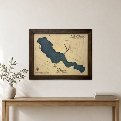 Lake Chemung, Michigan Wood Map — room mockup [MC20261006 q3700 9ead4d4ba500]